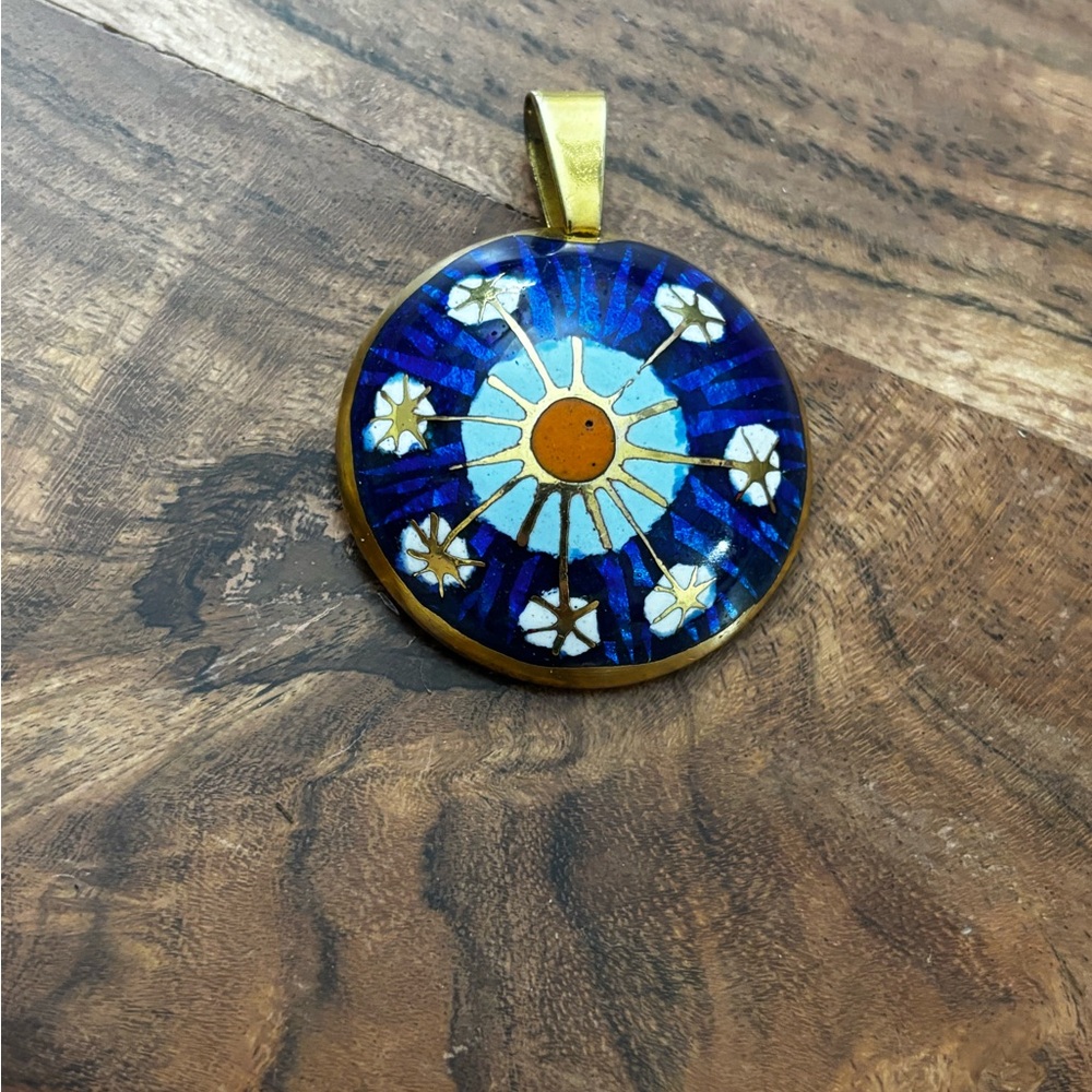 Vintage Duba 78’ Handmade Blue Sunburst Enamel Pendant Necklace - OOAK